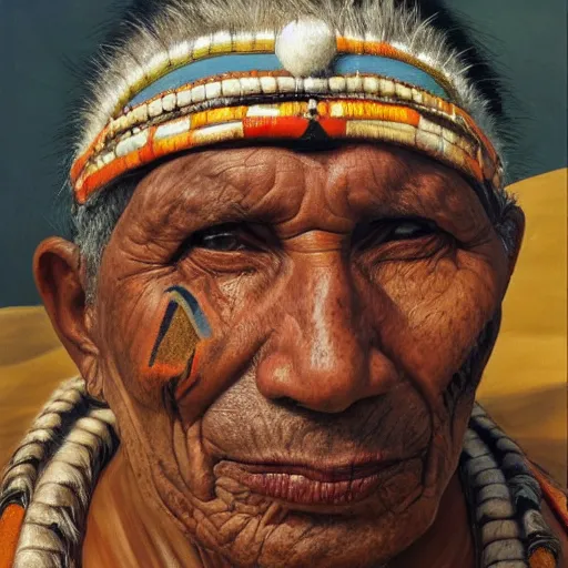 Image similar to high quality high detail painting by lucian freud, hd, portrait of a indigenous tribe leader, photorealistic lighting