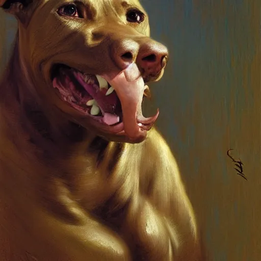 Image similar to a portrait of an anthromorphic pitbull female wearing a sweater and smiling at the viewer. highly detailed painting by gaston bussiere, craig mullins, j. c. leyendecker 8 k