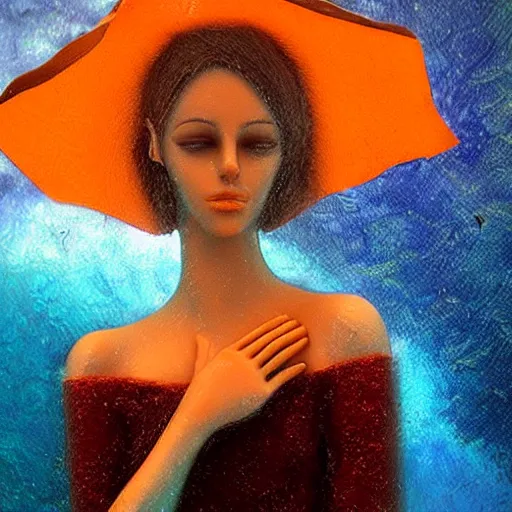 Image similar to rigorous underwater photography, deep depth of field by dorina costras. a sculpture of a young woman holding an orange