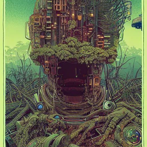 Image similar to Stunningly intricate illustration of a single cyberpunk explorer overlooking a gigantic decaying robot head in a lush forest, highly detailed, midnight, by Victo Ngai and James Gilleard , Moebius, Laurie Greasley