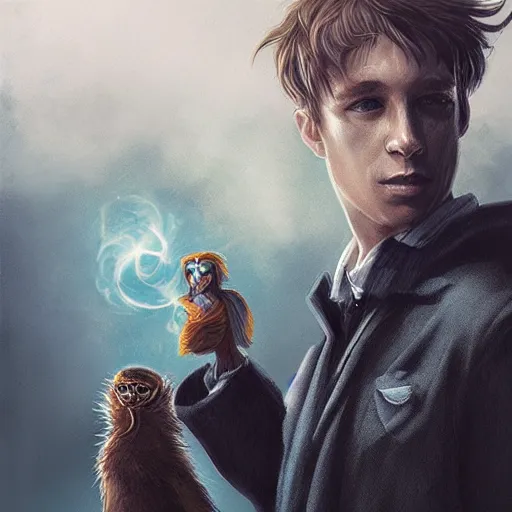 Image similar to Scamander From Harry Potter with his creatures , digital Art, artstation, Greg rutkowski, hyper realistic,