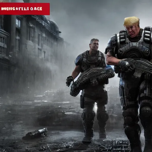 Image similar to Movie still of Donald Trump as ((the punisher)) in Gears of War, splash art, movie still, cinematic lighting, dramatic, octane render, long lens, shallow depth of field, bokeh, anamorphic lens flare, 8k, hyper detailed, 35mm film grain