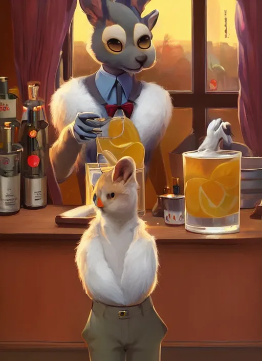 Prompt: squirrel anthro as a dapper bartender with a big, fluffy tail, retro futurism, art deco, detailed, painterly digital art by WLOP and Cory Loftis and Kenne Gregoire, 🐿🍸🍋, furaffinity, trending on artstation