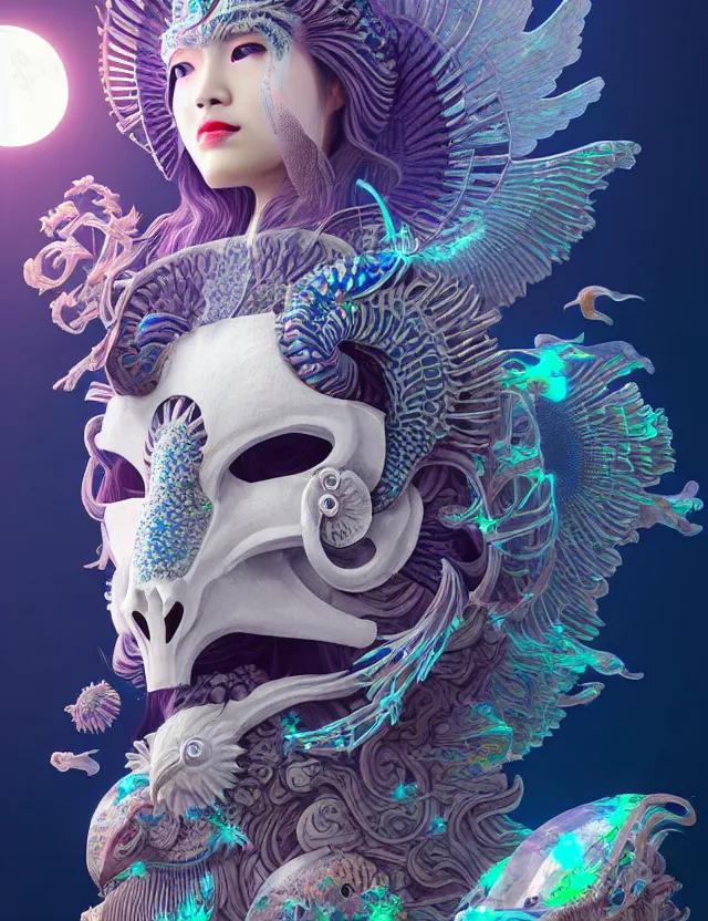 Image similar to 3 d goddess close - up profile solarpunk portrait ram skull. beautiful intricately detailed japanese crow kitsune mask and clasical japanese kimono. betta fish, jellyfish phoenix, bio luminescent, plasma, ice, water, wind, creature, artwork by tooth wu and wlop and beeple and greg rutkowski