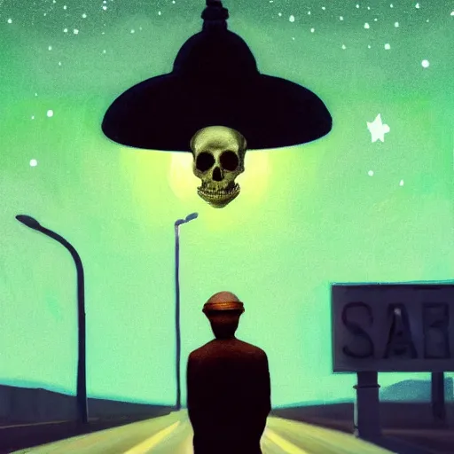 Image similar to a detailed portrait of a lonely man with a skull as his head waiting for the bus at night, green dramatic and cinematic light from the streetlight, the background is the sky full of stars, in the style of edward hopper, 4 k,