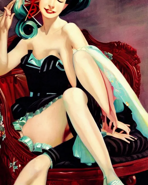 Image similar to A very beautiful painting of hatsune Miku sitting on the chair by Enoch Bolles and Gil Elvgren