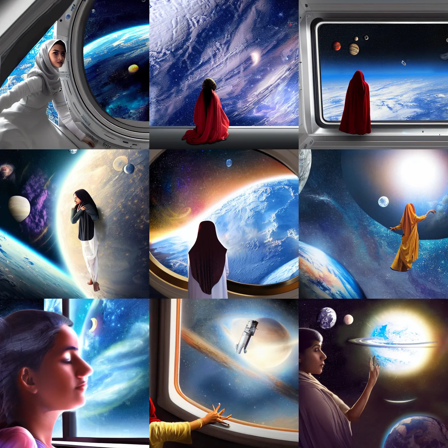 Prompt: a young afghan woman looking out the window of a space station, a detailed matte painting by thota vaikuntham, pixabay contest winner, space art, matte painting, sci - fi, airbrush art