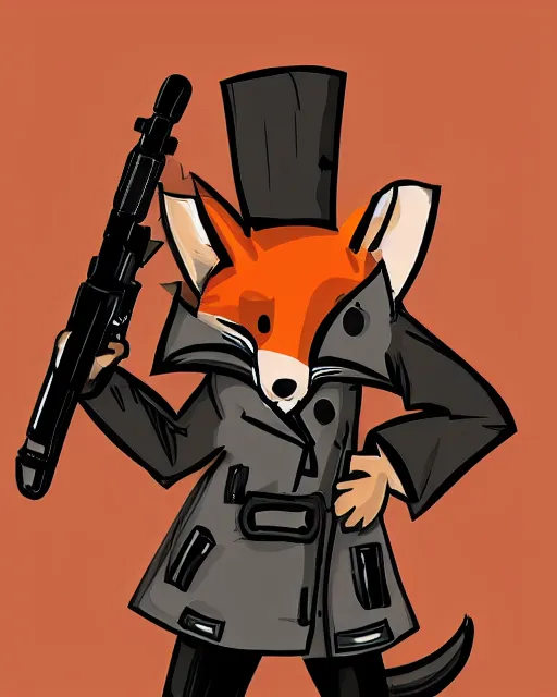 Image similar to a fox wearing a black trench - coat holding a mini - gun, comic art style, digital art,