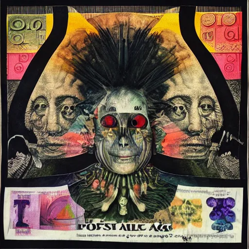 Prompt: post - punk new age album cover, asymmetrical design, dollar bank notes, capitalism, magic, apocalypse, psychedelic, black white, with a bit of colour, magic, giger h. r., giuseppe arcimboldo, peder aalto