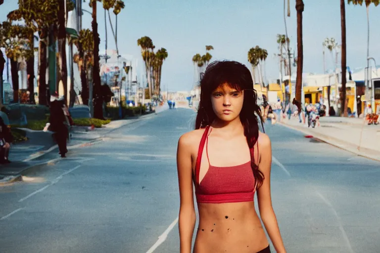 Prompt: color street photography of gorgeous model girl on Santa Monica peer By Emmanuel Lubezki