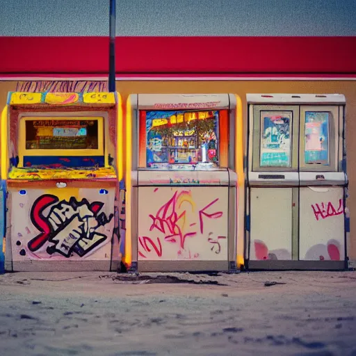 Image similar to a lonely arcade machine at night. beach buildings with graffiti in the background. photograph in the style of simon stalenhag