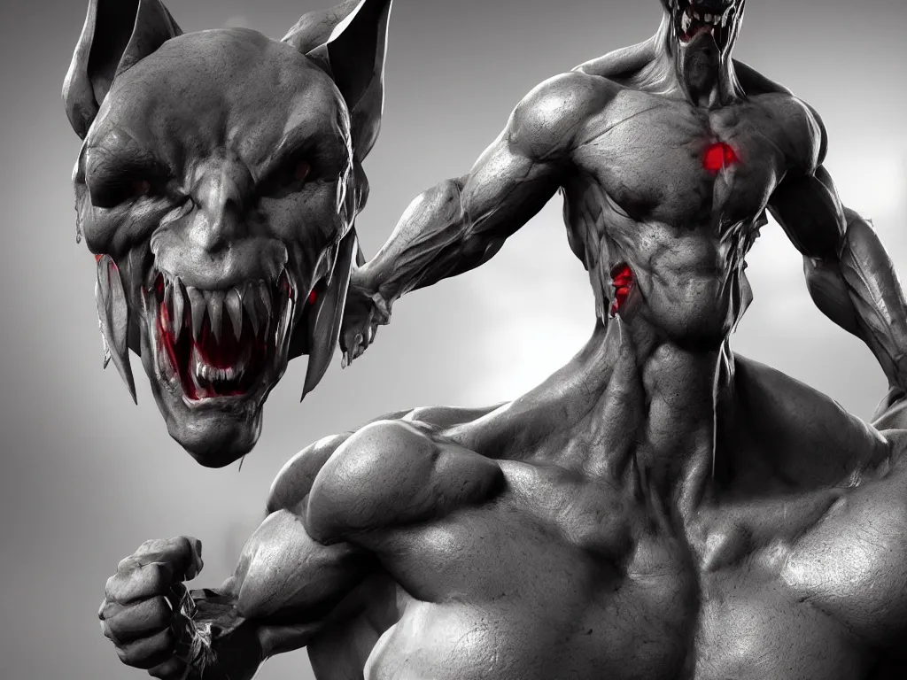 Prompt: game concept art, muscular body, mesomorph, chiroptera head, chiroptera ears, sharp teeth, hyperrealism, artstation, cgsociety, zbrush, no background