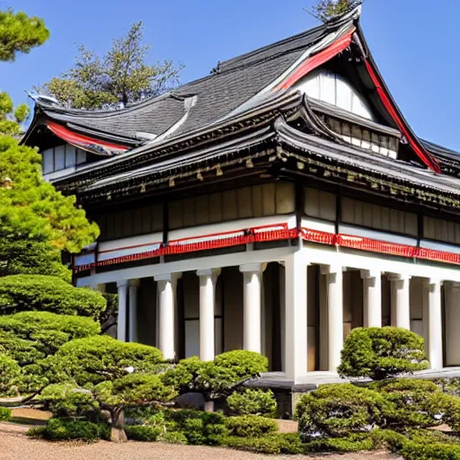 Prompt: photo of exterior of a historic house with Japanese and French inspired architecture