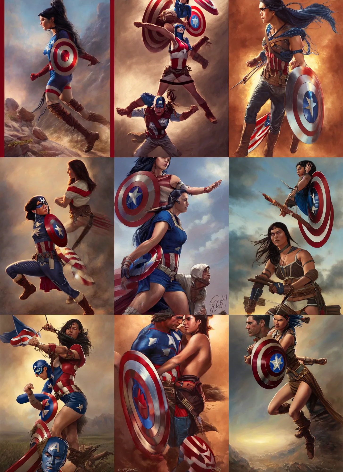 Prompt: fight between sacagawea and captain america, native american comic book hero vs the first avenger, dramatic portrait, art by artgerm and tom bagshaw