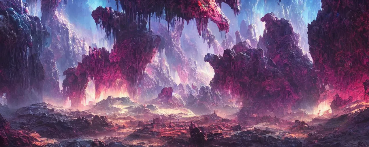 Image similar to ” crystal caverns alien landscape, [ beautiful, cinematic, detailed, epic, widescreen, opening, establishing, mattepainting, photorealistic, realistic textures, octane render, art by slop and paul lehr ] ”