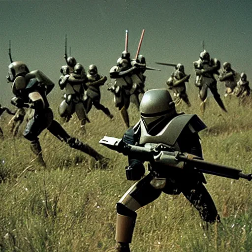 Prompt: star wars mandalorians combat soldiers in vietnam, photo, old picture, lush landscape, field, firearms, explosions, x - wings, aerial combat, active battle zone, fire, battle droids, jedi, land mines, gunfire, violent, star destroyers, star wars lasers, sci - fi, american soldiers, agent orange, bomber planes, trench warfare