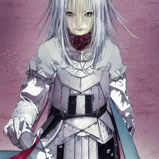 Prompt: white haired knight in a big castle, cinematic, octane, art by inio asano