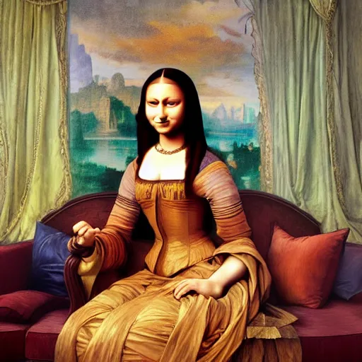 Prompt: Monalisa is sitting on her living room couch. She is dressed casually and is watching TV, Regal, Realistic, Refined, Detailed Digital Art, Josephine wall, Oil Painting, William-Adolphe Bouguereau, Art Frahm, Esao Andrews, Steampunk, Highly Detailed, Cinematic Lighting, Unreal Engine, 8k, HD