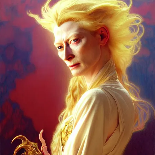 Prompt: young adult tilda swinton as lucifer morningstar, long blond hair, natural lighting, path traced, highly detailed, high quality, digital painting, by gaston bussiere, craig mullins, alphonse mucha j. c. leyendecker