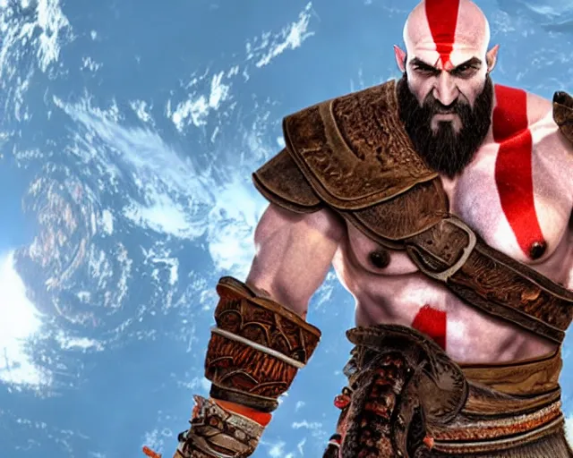 Image similar to kratos from the god of war videogame eating a whole lobster in the international space station