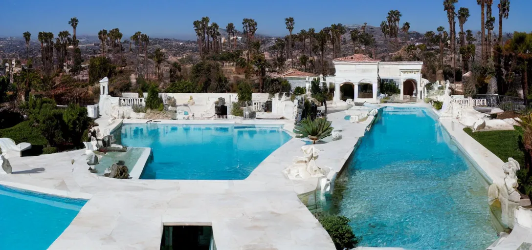 Prompt: house made of pentelic marble, designed by ictinus and callicrates. neptune pool from hearst castle in backyard. built in 1 9 5 9 in santa monica. fancy post - oscars party