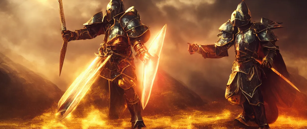 Prompt: a armored holy paladin called firemaw casting magic spells sword shield lord dramatic lighting cinematic establishing shot extremely high detail foto realistic cinematic lighting post processed