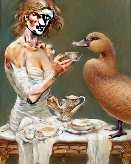 Image similar to Portrait of Rosie Huntington-Whitely & a mallard & a pig having tea at the Ritz, real life skin, intricate, elegant, highly detailed, artstation, concept art, smooth, sharp focus, art by artgerm and greg rutkowski and alphonse mucha