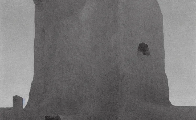 Image similar to close shot of a hellish monolith bursting out of the roof of a cathedral by Zdzisław Beksiński
