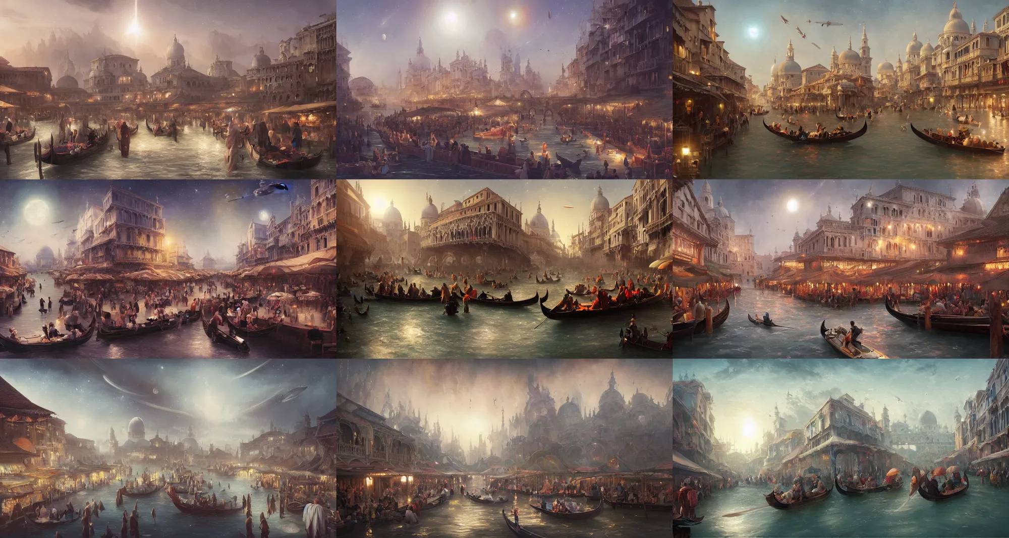 Prompt: floating wet renaissance venice market with vendors on a luxurious road on interstellar solar system with nearby planets seen from the distance, advanced highway, star trek style, by peter mohrbacher, jeremy mann, greg rutkowski, android james, ross tran, beautiful, award winning scenery, 8 k quality, clean details, serene, sakura season,
