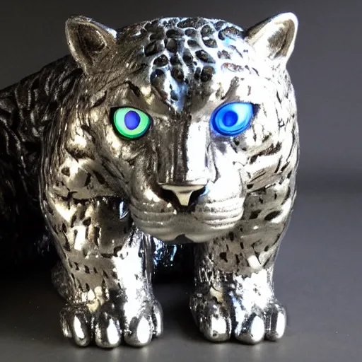 Image similar to silver jaguar sculpture with glowing blue eyes