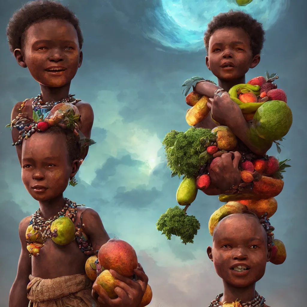 Image similar to Portrait, Happy African child carrying fruit and veg, divine details intricate African jewelry, fairycore, rainbow warrior, semi realistic comic Dr Zeus, octane render, A harmonious integration happy concept art Akitipe studios, volumetric lighting cinematic +8k, ethereal fantasy by greg rutkowski, Trending on artstation