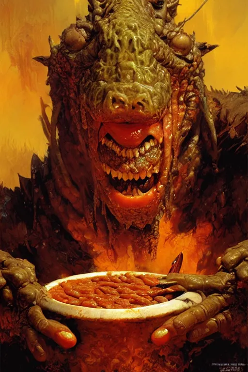 Image similar to robert roflgator malecki eating baked beans and drinking fireball, extreme high detail, grotesque, portrait dnd, painting by gaston bussiere, craig mullins, greg rutkowski, yoji shinkawa