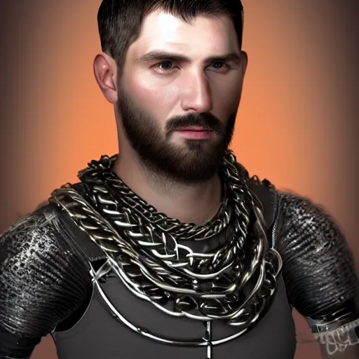 Image similar to realistic portrait, 30 year old man :: athletic, rough, angered :: short black hair, dark taint :: chain mail :: high detail, digital art, RPG, concept art, illustration