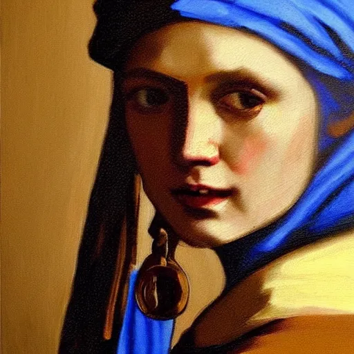 Prompt: painting of Henry Cavill, posed in the style of johannes vermeer girl with a pearl earring painting, hyperrealistic, moody lighting