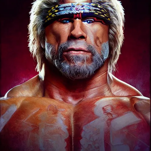 Image similar to The ultimate warrior, WWF, American Wresting, Royal Rumble, cinematic lighting, highly detailed, digital painting, concept art, smooth, sharp focus, illustration, art by Artgerm and Greg Rutkowski