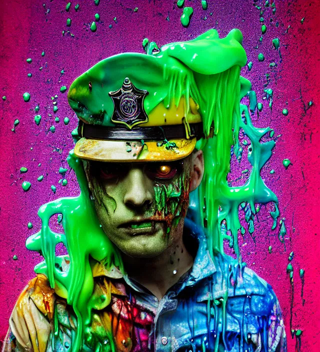 Image similar to beautiful 3 5 mm photograph of a slimy rotting zombie cop covered in colorful wet goop, dripping with colorful liquid, policeman, cop, biocop, intricate details, dark ambient, service cap, atmospheric, movie poster, poster, horror, elegant, super highly detailed, professional digital photo, artstation, concept art, 8 k