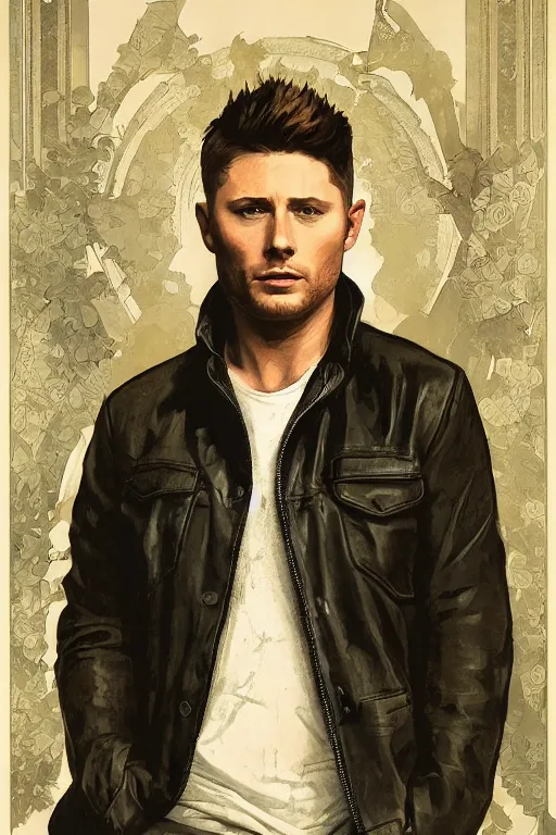 Image similar to a detailed matte portrait of an jensen ackles dressed dean from the gilmore girls, masterpiece, 8 k, art by alphonse mucha and greg rutkowski