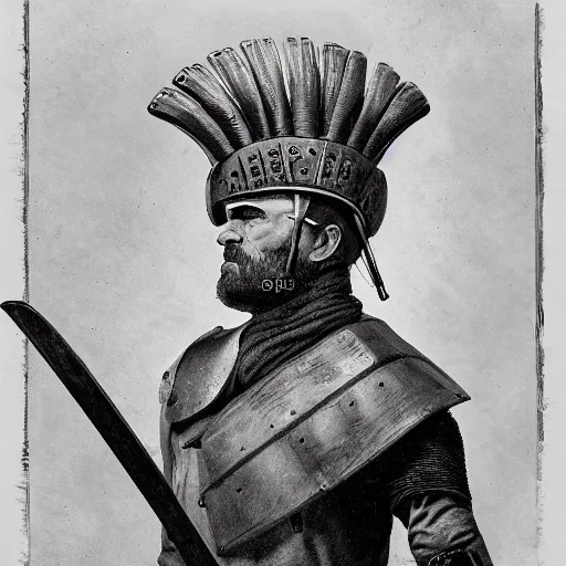 Image similar to a roman legionnaire soldier in the 1 8 0 0 s. large square shield. bayonetted musket. trending on art station. 8 k. beautifully detailed. full body portrait. hyper realistic. gritty lighting.