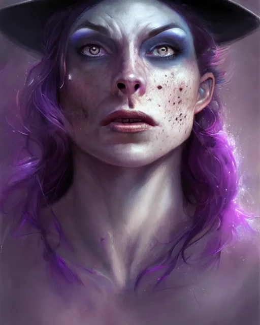 Prompt: muscular witch, perfect face, black pointed hat, purple halter top, ginger hair, abs, cinematic, freckles, stunning, athletic, strong, agile, highly detailed, psychedelic, digital painting, artstation, smooth, hard focus, illustration, art by jessica rossier and and brian froud