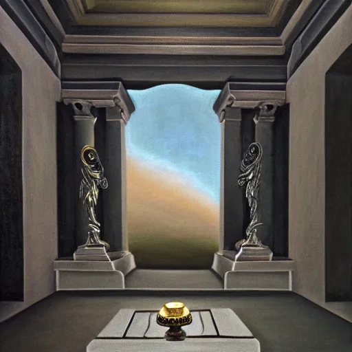 Image similar to in the center lays an ancient chromed artifact in the shape of a heavy signet ring, ornate with gentle iridescent shine from within. the ring lays on top of a pedestal. the pedestal is in front of a dark misty balcony at night. perspective from the side. realistic light and shadows. moody fantasy art, table still masterpiece life renaissance pastel painting.