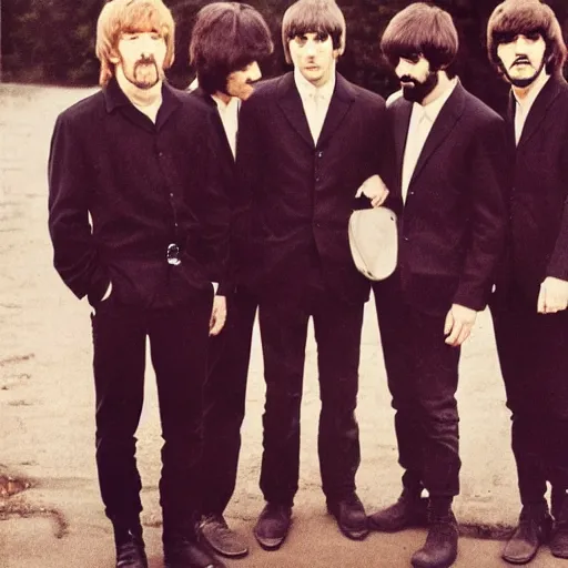 Image similar to a photo of paul, george, ringo and john all with a blank look on their faces, looking at one another