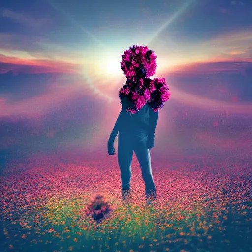 Image similar to A picture of a planet of various flowers, fungus and plants, in which the human figure is dressed in something magical and impressive, inside the picture is infinity, sunset light, Atmospheric phenomenon, artistic photography, muted colors, conceptual