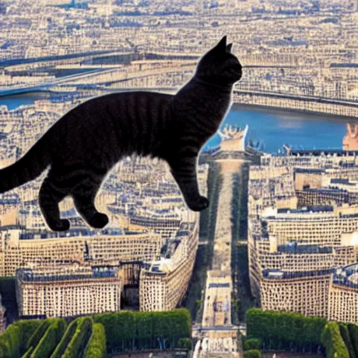 Image similar to high-resolution photograph of a giant cat riding the eiffel tower