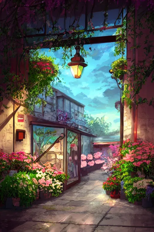 Image similar to a little flower shop's front gate, refreshing, digital illustration, pixiv, dramatic lighting