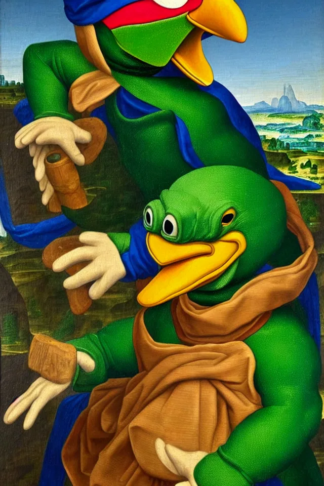 Image similar to a renaissance portrait of donald duck as a green parrot ninja turtle, beautiful intricate painting