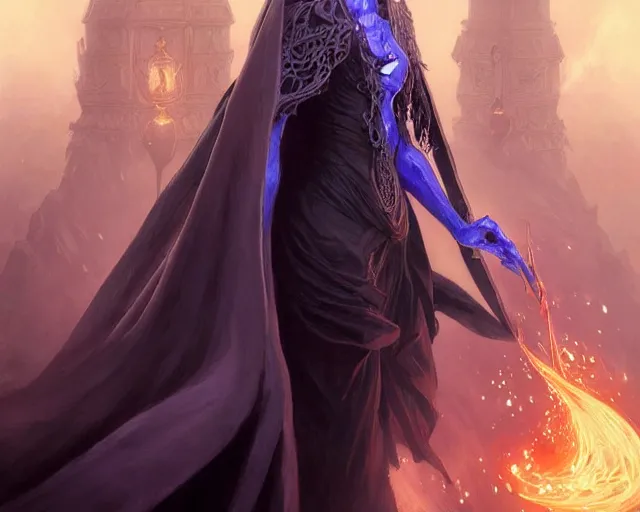 Image similar to black mage ( final fantasy series ), shrouded face, deep focus, d & d, fantasy, intricate, elegant, highly detailed, digital painting, artstation, concept art, matte, sharp focus, illustration, hearthstone, art by artgerm and greg rutkowski and alphonse mucha