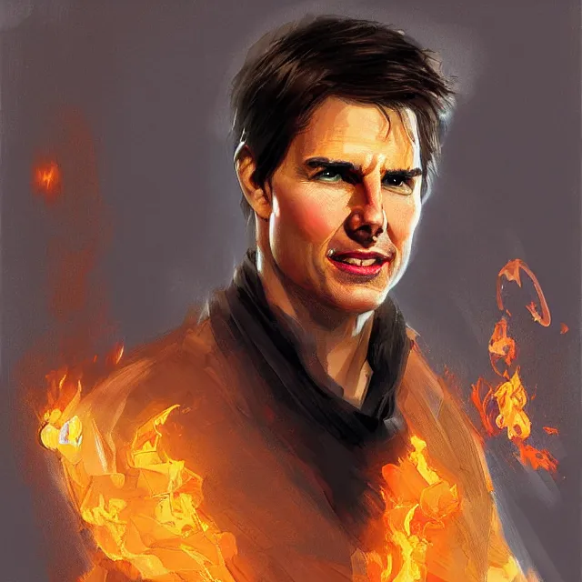 Image similar to Tom Cruise as a firebender, portrait, elegant, intricate, digital painting, artstation, concept art, smooth, sharp focus, illustration, art by konstantin korovin and Daniel F. Gerhartz and john howe