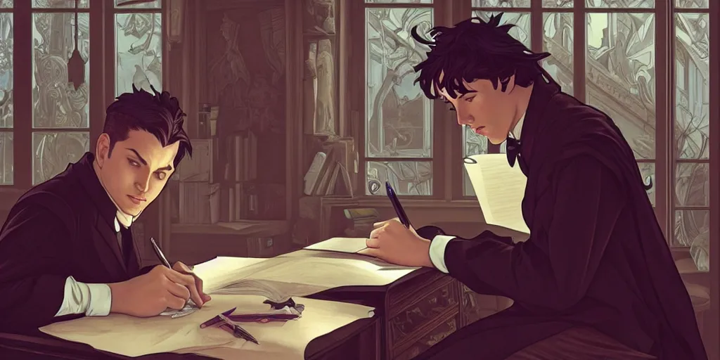 Image similar to a scholarly raven is seen writing at his desk. character sheet, character design, contrast, deep focus, turnaround, highly detailed, dramatic lighting, digital painting, artstation, concept art, matte, sharp focus, illustration, elegant, art by artgerm and greg f and alphonse mucha.