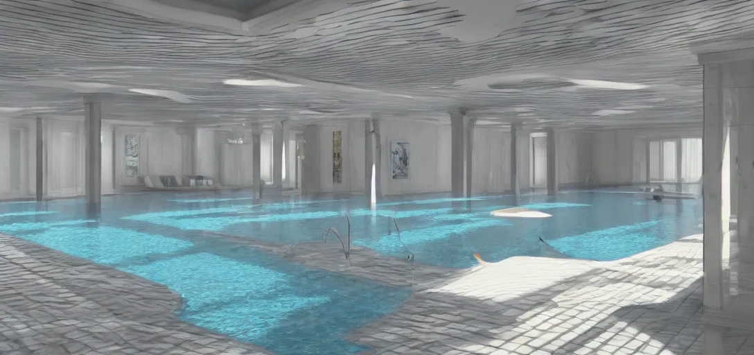 Prompt: photo of indoor infinite pool room no windows, bright, 8 k photorealistic, hd, high details, trending on artstation