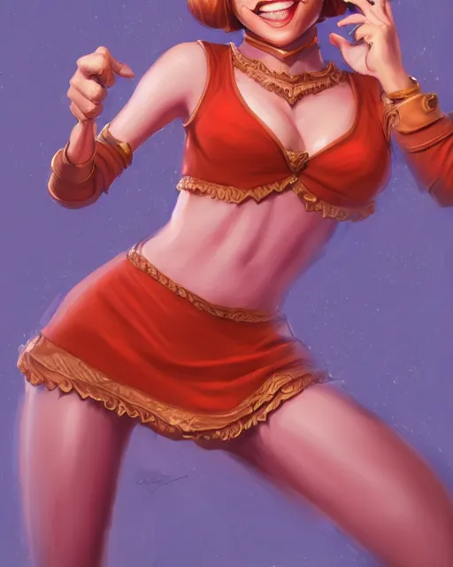 Image similar to a highly detailed illustration of velma from scooby doo, dramatic smile pose intricate, elegant, highly detailed, centered, digital painting, artstation, concept art, smooth, sharp focus, league of legends concept art, extremely detailed eyes, fantastic details full face, mouth, trending on artstation, pixiv, ultrahd, in the style of chris sanders